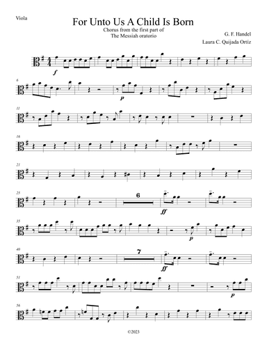 For Unto Us a Child is Born, from The Messiah. Intermediate string orchestra. TUTTI STRING PARTS (arr. Laura C. Quijada Ortíz)