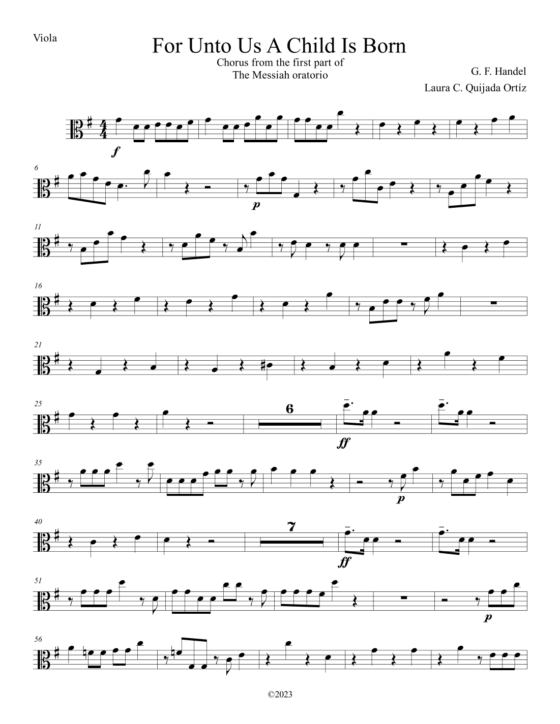 For Unto Us a Child is Born, from The Messiah. Intermediate string orchestra. TUTTI STRING PARTS (arr. Laura C. Quijada Ortíz)