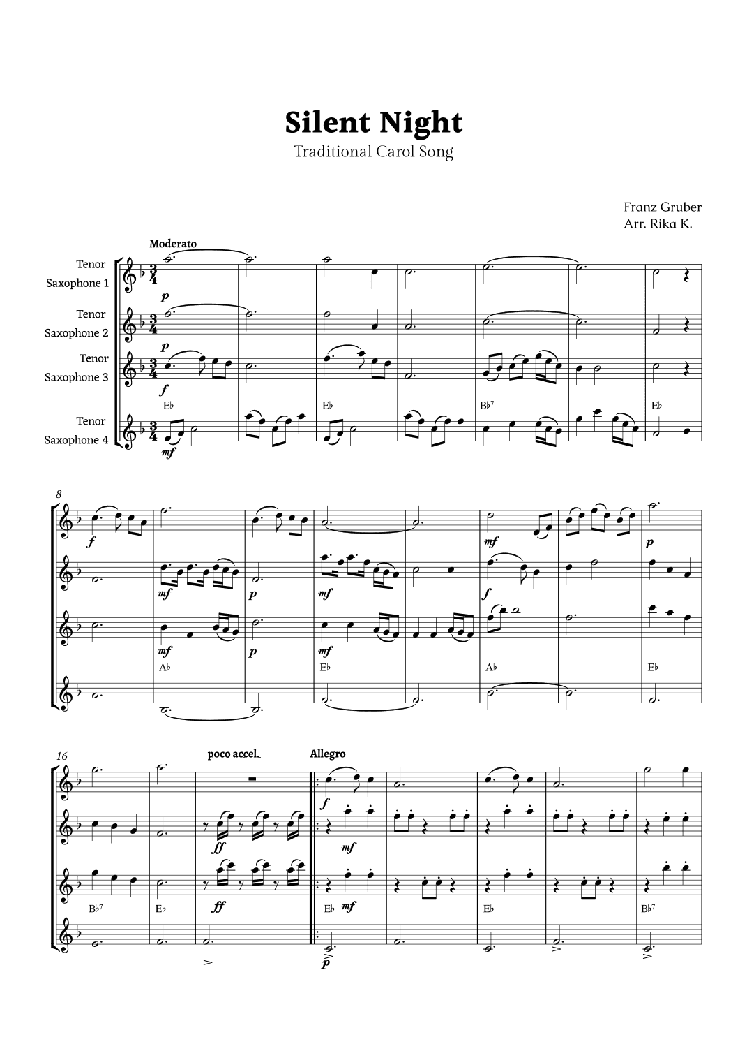 Silent Night for Tenor Sax Quartet (arr. Rika K.)