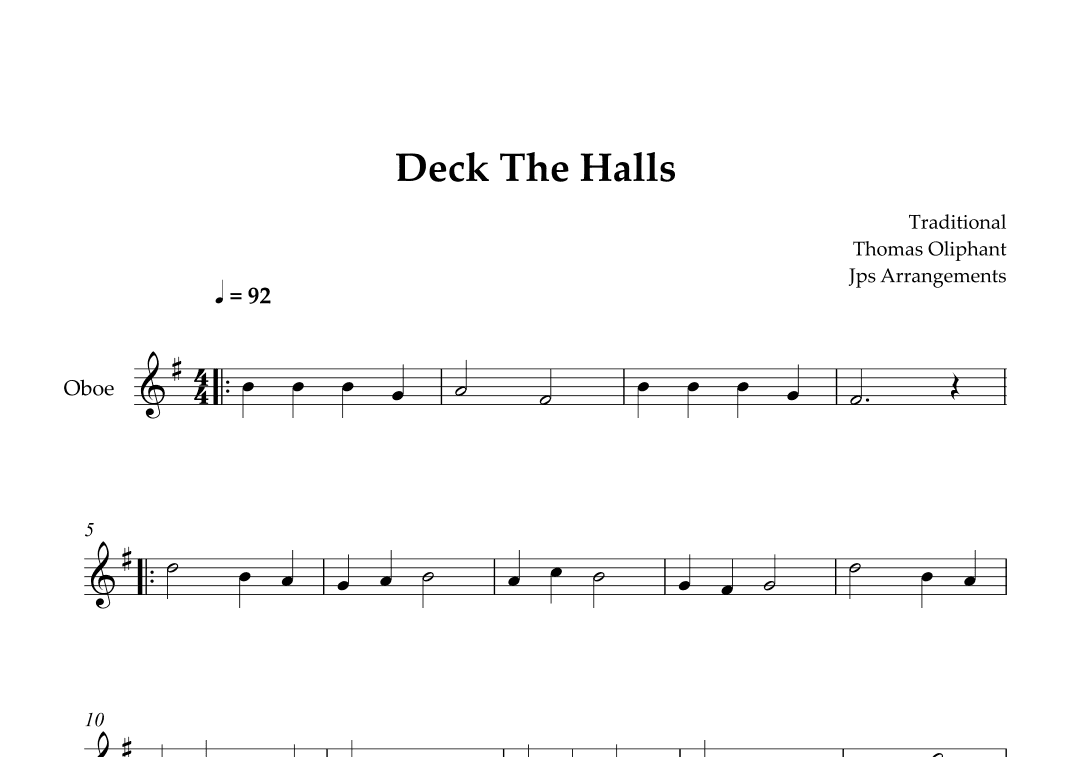 Deck The Halls For Oboe (arr. Jps Arrangements)