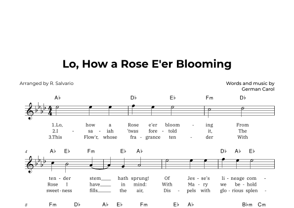 Lo, How a Rose E'er Blooming (Key of A-Flat Major) (arr. R. Salvario)