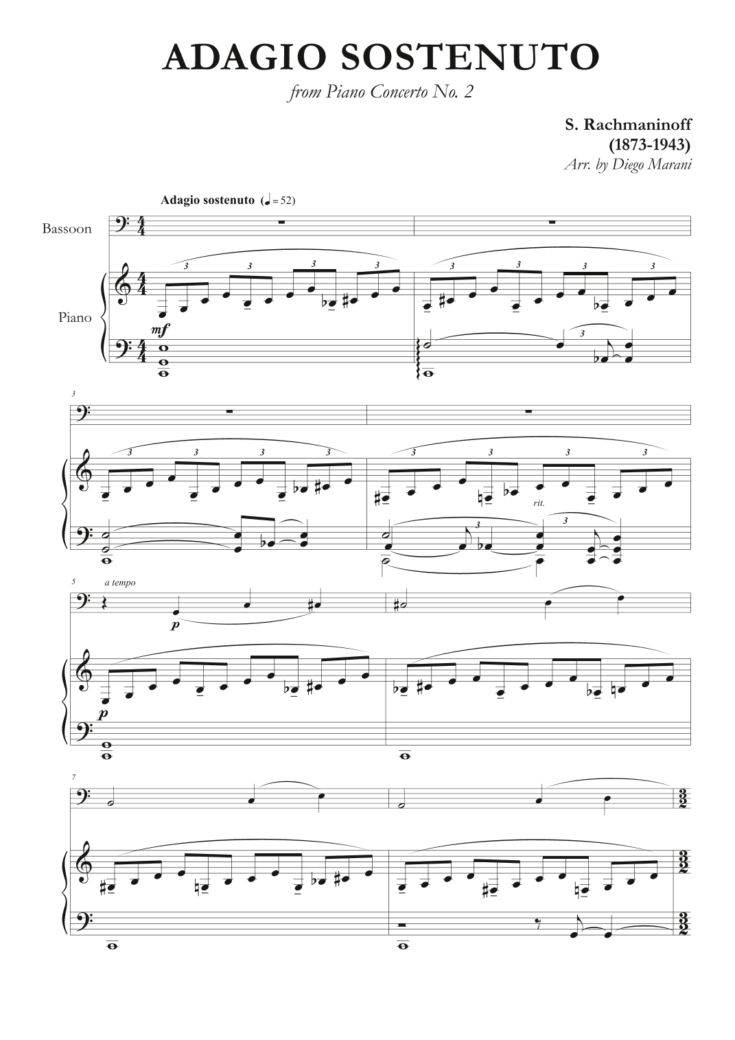 Adagio Sostenuto from "Piano Concerto No. 2" for Bassoon and Piano (arr. Diego Marani)