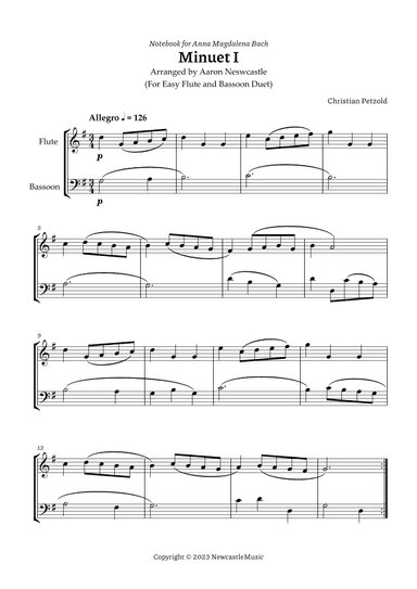 Bach,Anna Magdalena (Book) |Petzold, Minuet I — For Easy Flute and Bassoon Duet, Score and Parts (arr. Aaron Newcastle)