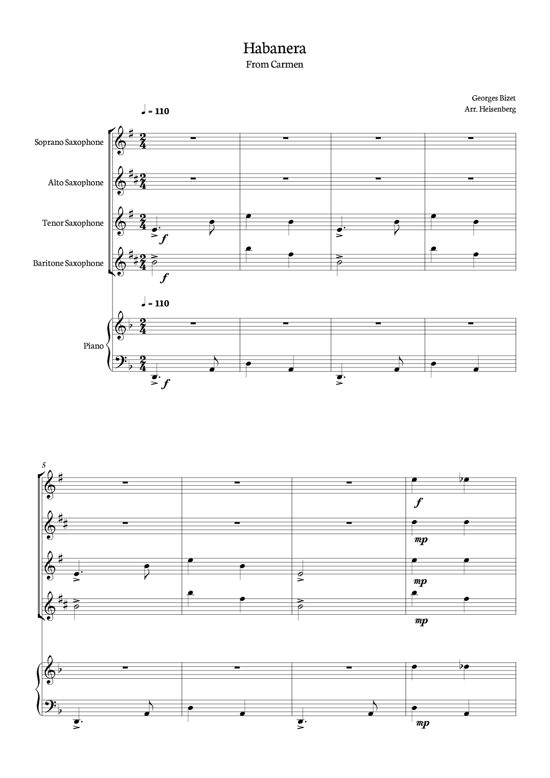 Habanera - Carmen - Georges Bizet, for Saxofone Quartet with Piano in a easy version. (arr. Heisenberg)