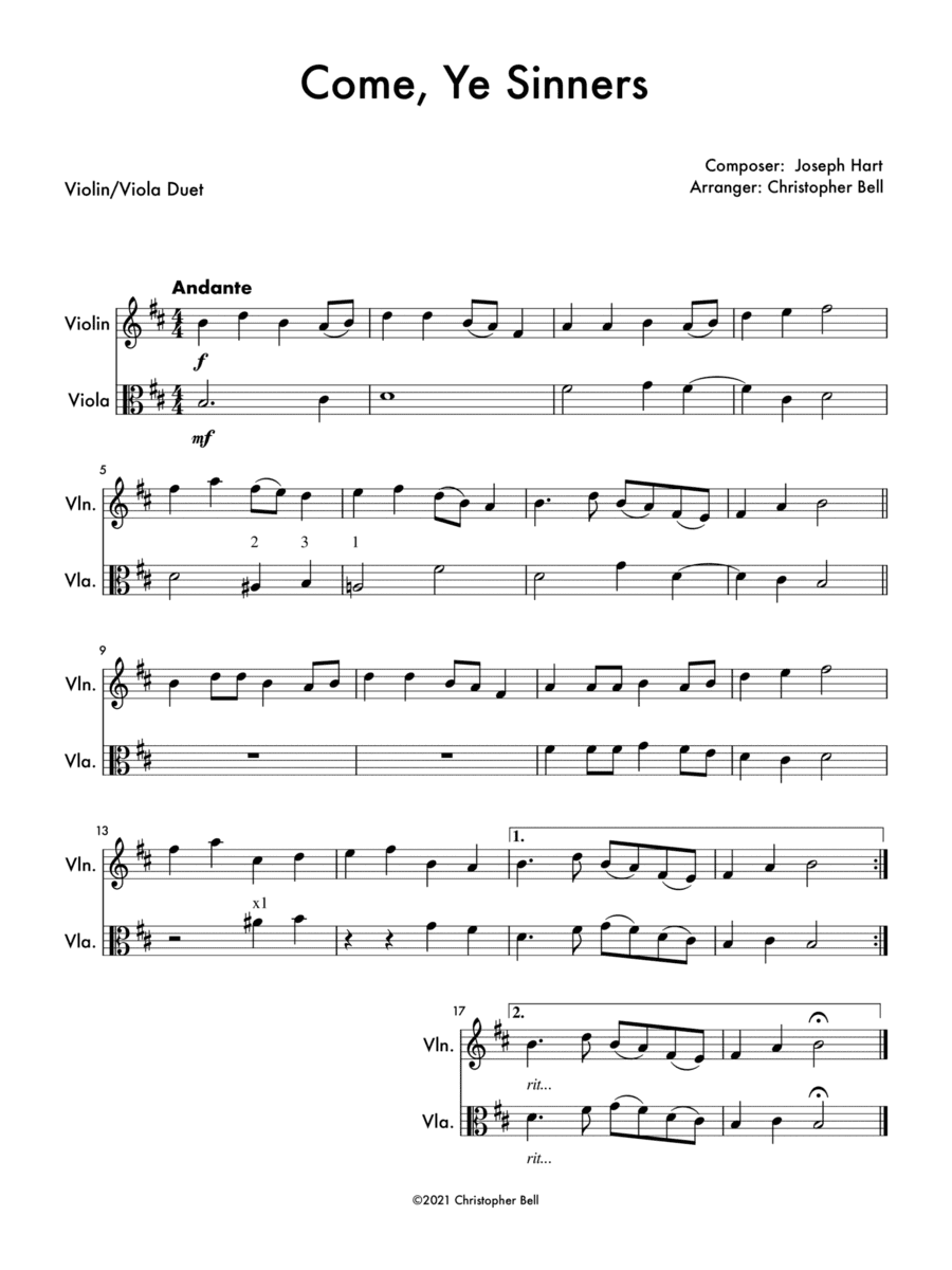Come, Ye Sinners - Violin/Viola Duet (arr. Christopher Bell)