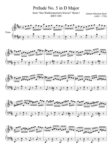 Prelude No. 5 BWV 850 in D Major (arr. Zachary Corbett)