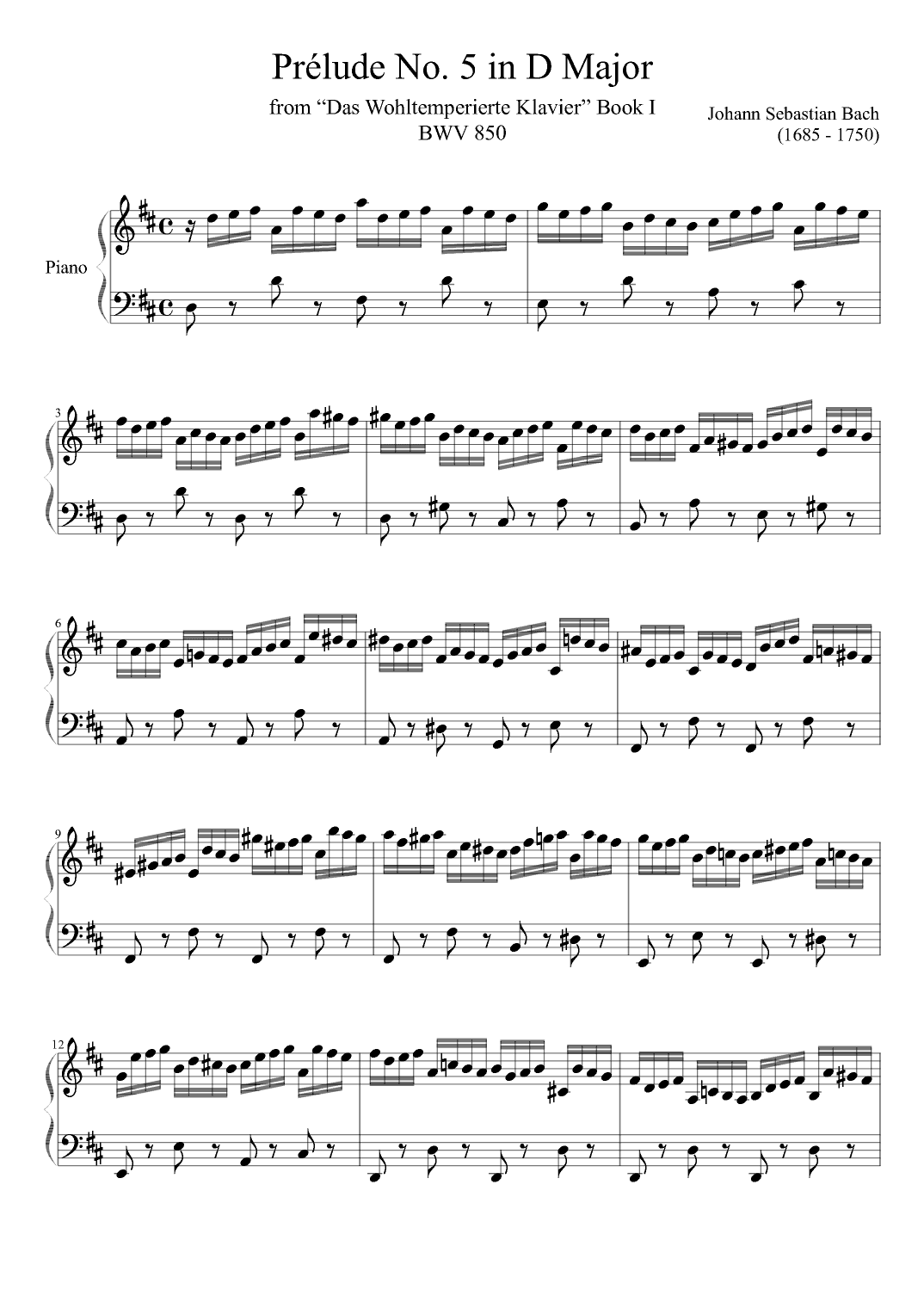Prelude No. 5 BWV 850 in D Major (arr. Zachary Corbett)