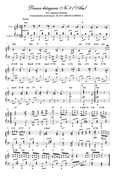 Danza húngara (Ungarischer Tanz) No 8 (WoO 1) por Johannes Brahms Nissen y Frank lgnác Szadaby (arr. Juan Carlos Cortés A.)