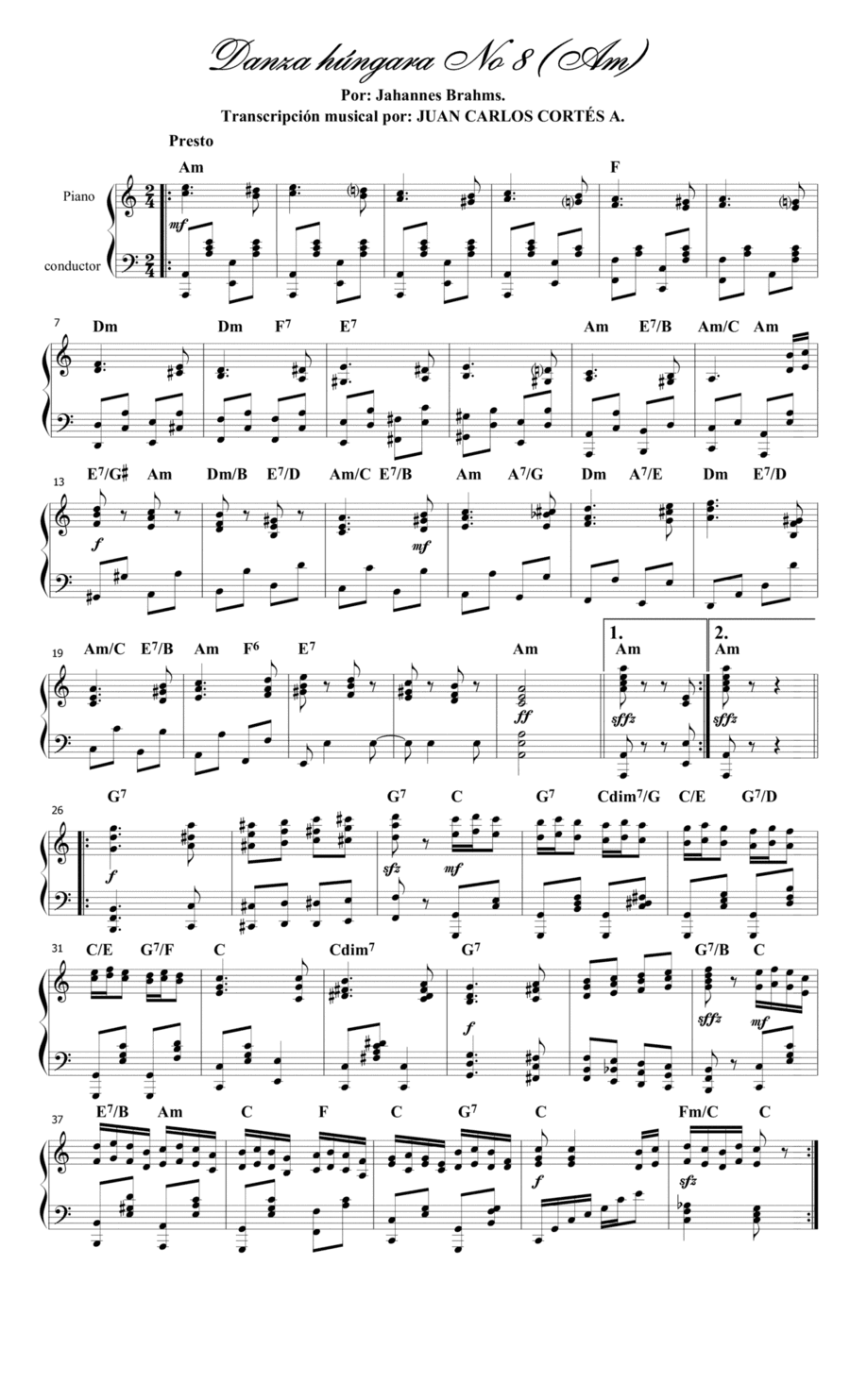 Danza húngara (Ungarischer Tanz) No 8 (WoO 1) por Johannes Brahms Nissen y Frank lgnác Szadaby (arr. Juan Carlos Cortés A.)