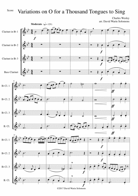 Variations on O for a thousand tongues to sing for Clarinet Quartet (arr. David Warin Solomons)