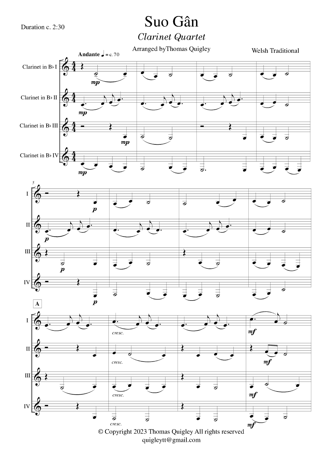 Suo Gân (arr. Thomas Quigley)