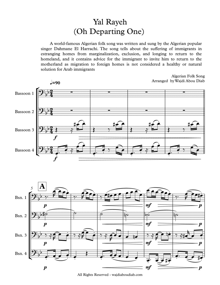 Yal Rayeh (Arabic Song) - Bassoon quartet (arr. Wajdi Abou Diab)