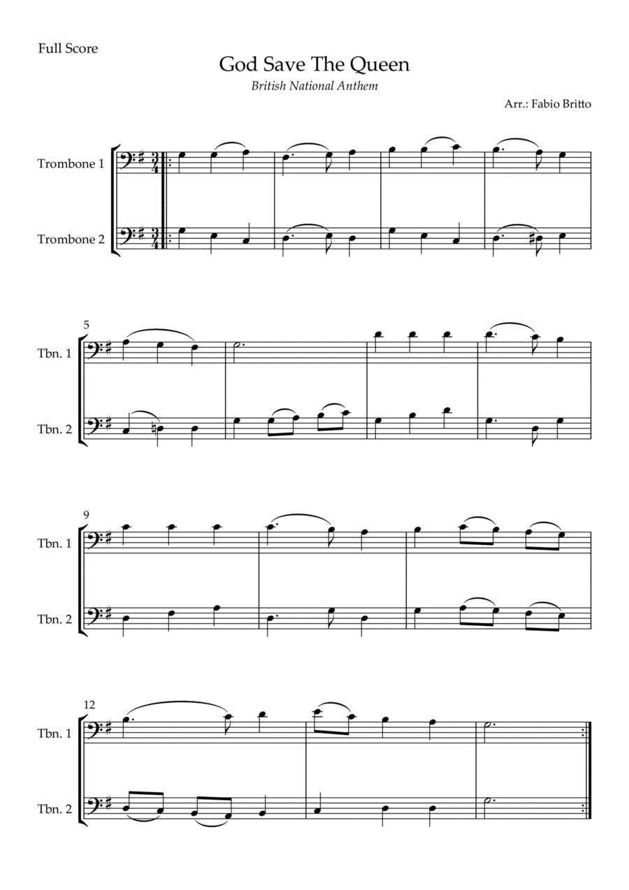 God Save The Queen (British National Anthem) for Trombone Duo (arr. Fabio Britto)