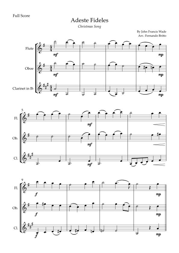 Adeste Fideles (Christmas Song) for Woodwind Trio (arr. Fernando Britto)