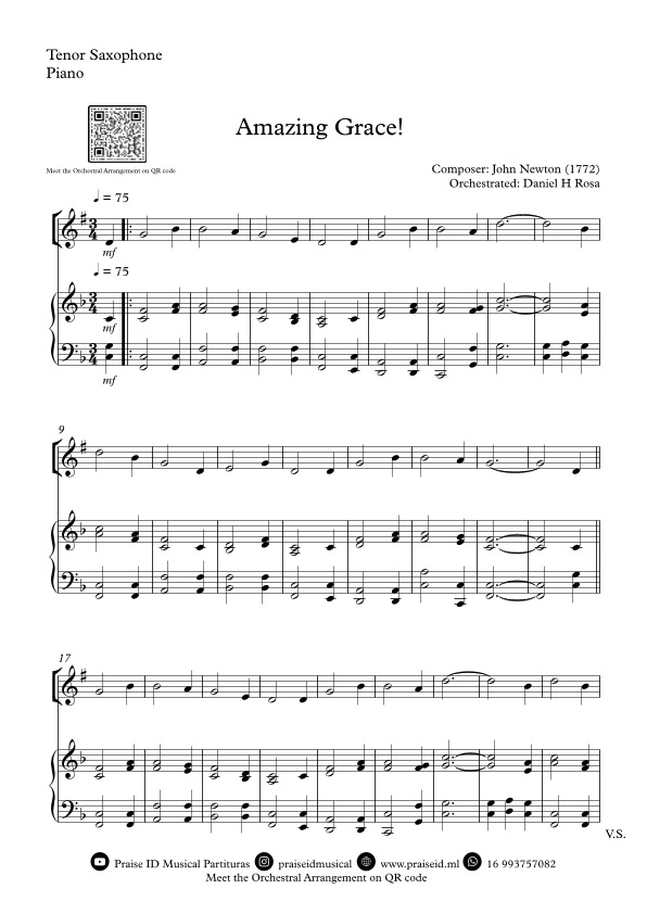 Amazing Grace How Sweet the sound - Easy Tenor Saxophone and Piano (arr. Daniel H Rosa)