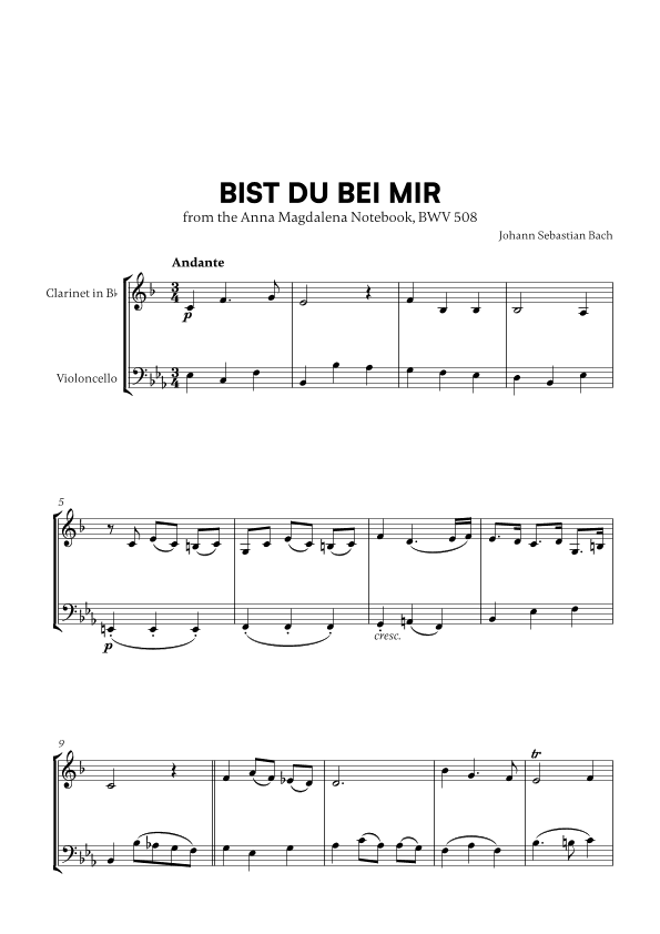 Bist du bei Mir (BWV 508) (for Clarinet and Cello) (arr. Cadenza Editions)