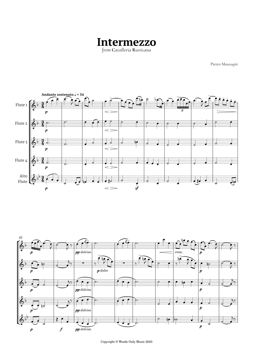 Intermezzo from Cavalleria Rusticana by Mascagni for Flute Quintet (arr. Ander)