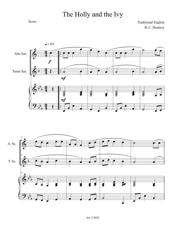 The Holly and the Ivy (Alto and Tenor Sax Duet with Piano Accompaniment) (arr. B. C. Dockery)