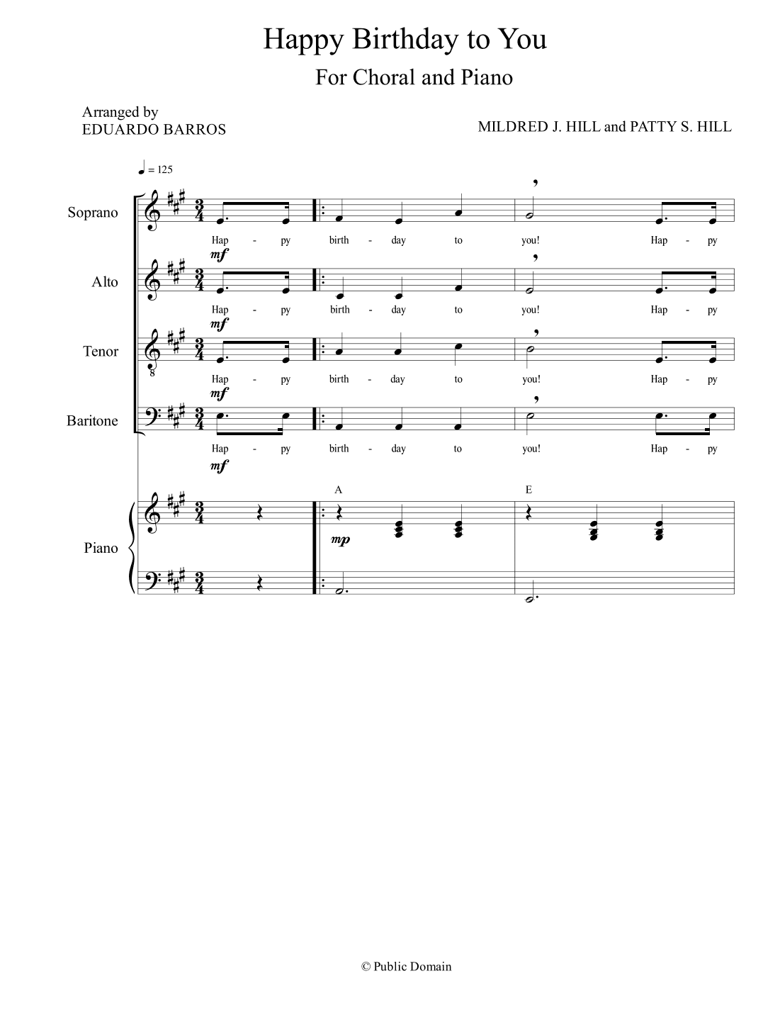 Happy Birthday to You (For Choral with Piano accompaniment) (arr. Eduardo Barros)