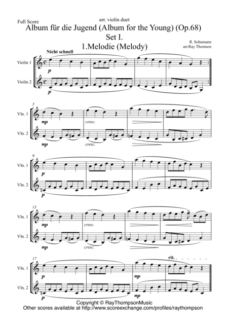 Schumann: Album für die Jugend (Album for the Young) (Op.68)(Nos. 1,2,3,5,6,7,8,) - violin duet (arr. Ray Thompson)
