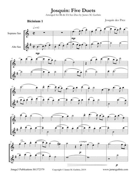 Josquin: Five Duets for Bb & Eb Sax Duo (arr. James M. Guthrie)