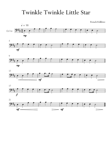 Twinkle Twinkle Little Star for Cello (Violoncello) in D Major. Very Easy. (arr. Matheus Araújo)