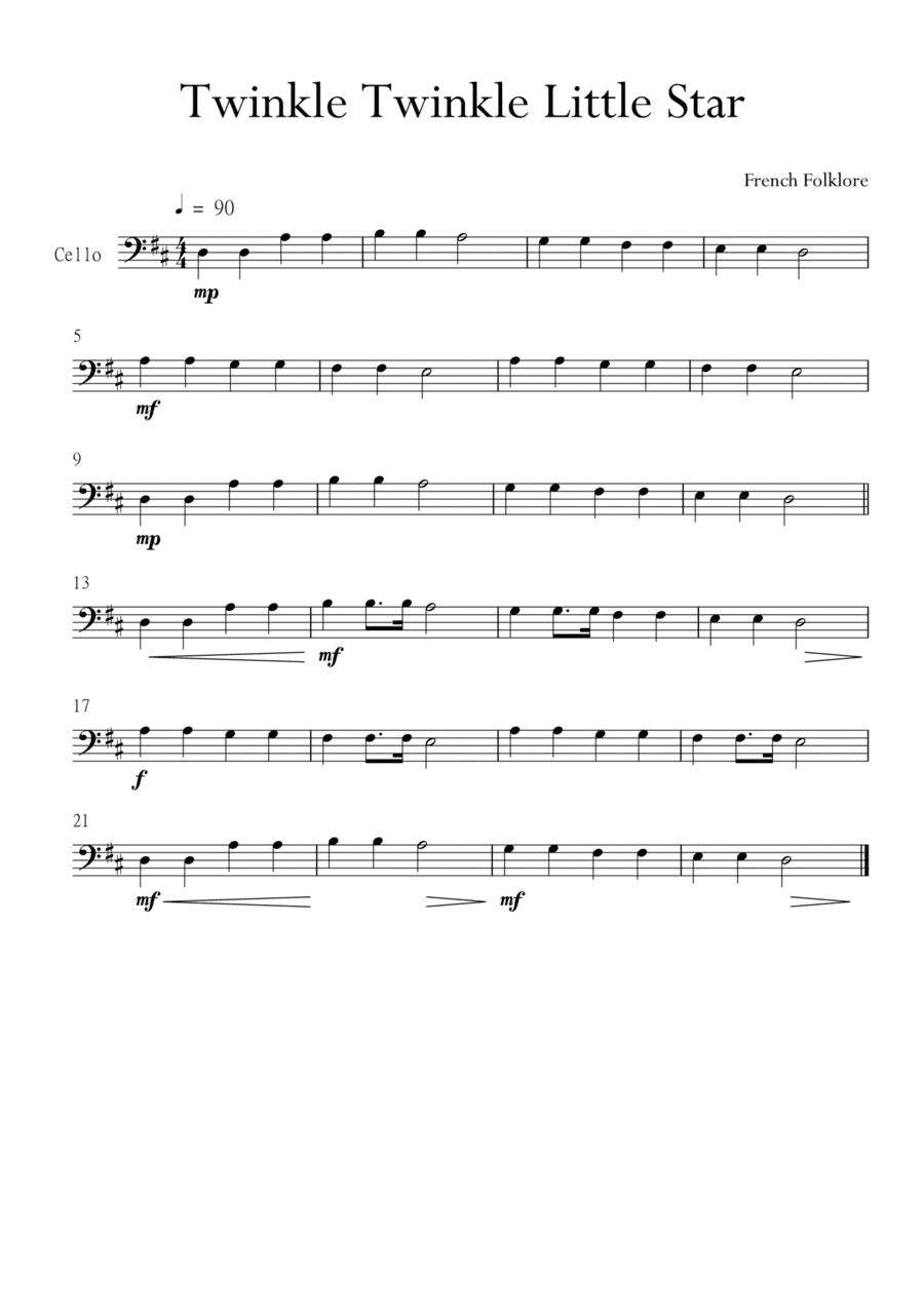 Twinkle Twinkle Little Star for Cello (Violoncello) in D Major. Very Easy. (arr. Matheus Araújo)
