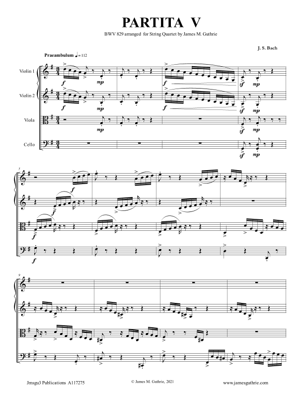 BACH: Partita No. 5 BWV 829 for String Quartet (arr. James M. Guthrie)