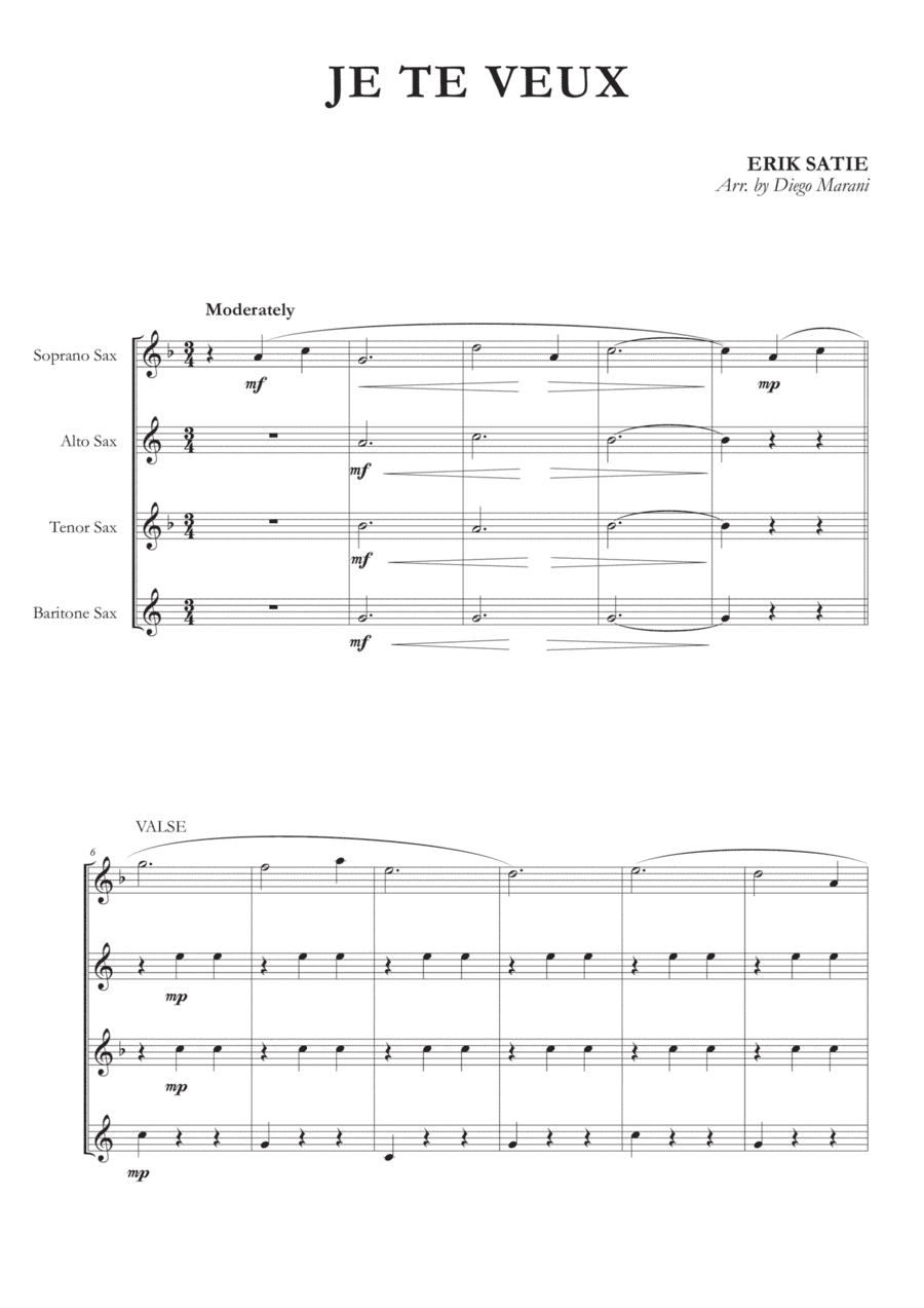 Je Te Veux for Saxophone Quartet (arr. Diego Marani)