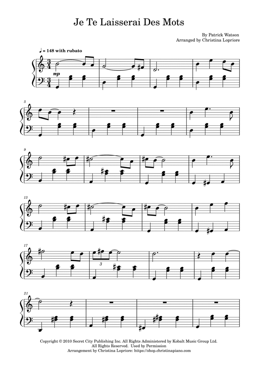 Je Te Laisserai Des Mots (arr. Christina Lopriore)