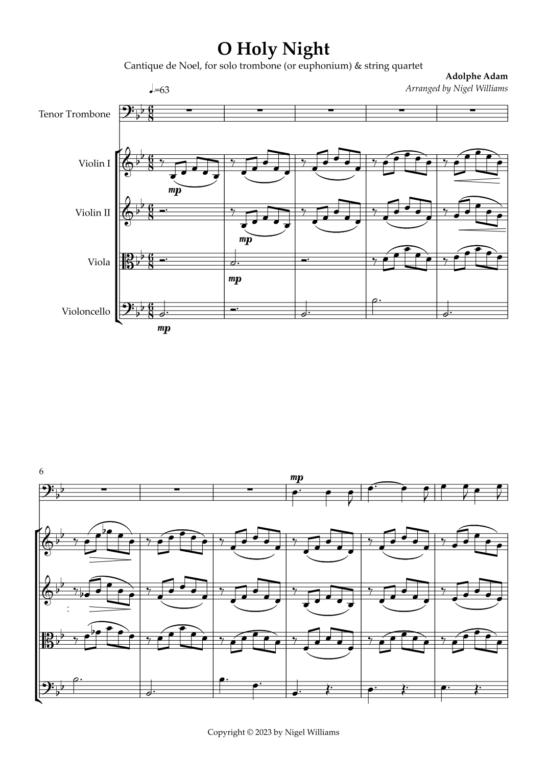 O Holy Night, for solo trombone (or euphonium) and string quartet (arr. Nigel Williams)