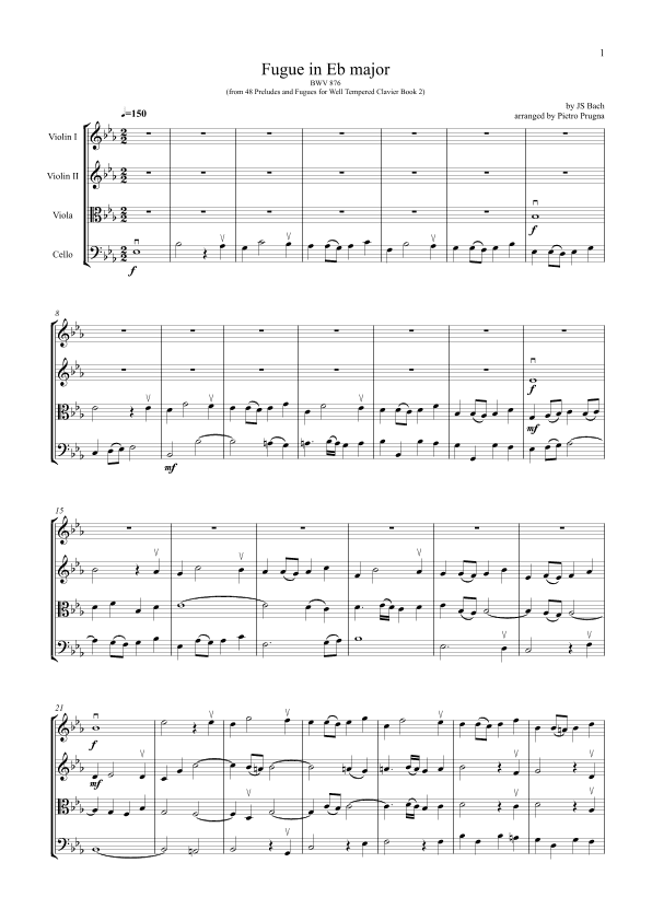 Fugue in Eb major (BWV 876) from Well Tempered Clavier 2 - by JS Bach - arranged for String Quartet (arr. Pietro Prugna)