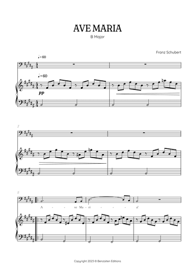 Schubert Ave Maria in B major • baritone voice sheet music with easy piano accompaniment (arr. Benzaiten Editions)