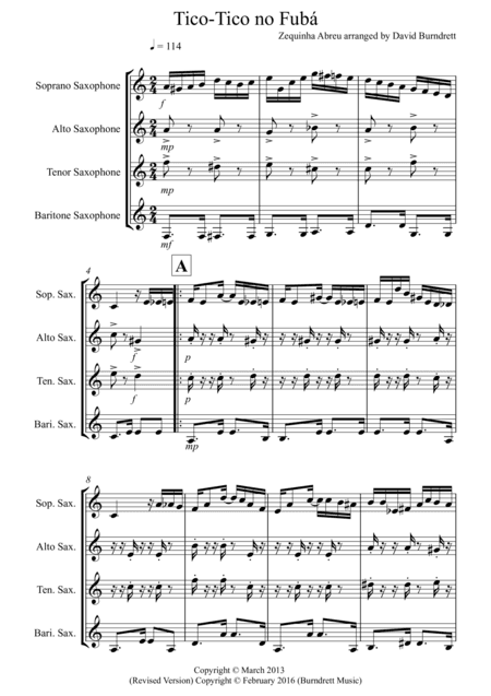 Tico Tico for Saxophone Quartet (arr. David Burndrett)