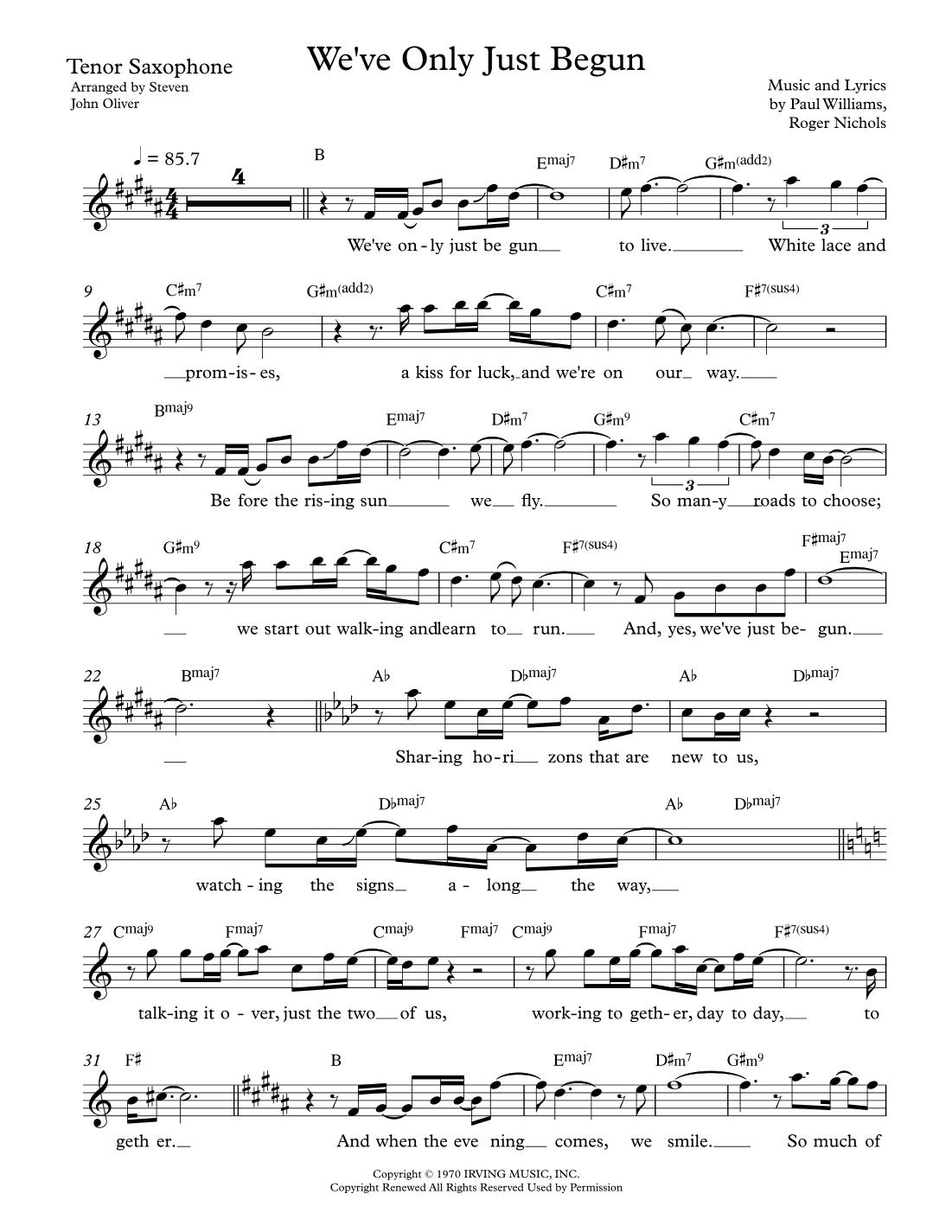 We've Only Just Begun (arr. Steven John Oliver)
