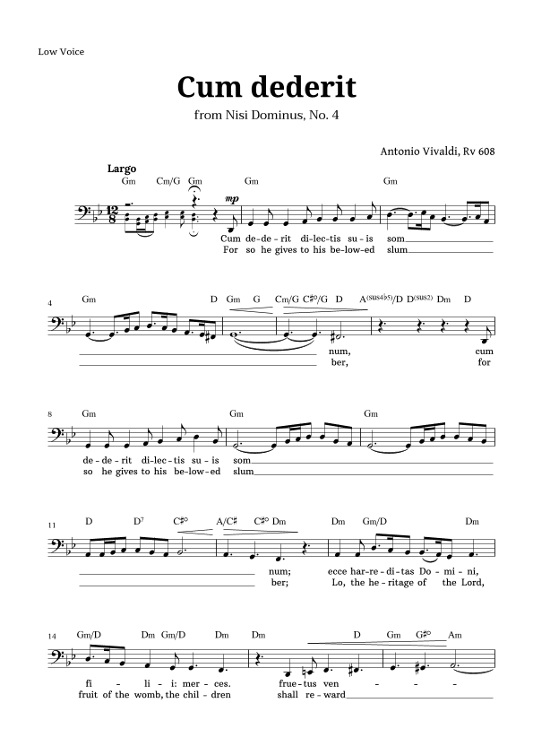 Cum dederit of Vivaldi for Low Voice and Chords (arr. Langanho)