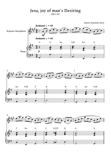 Jesu, joy of man's Desiring for Soprano Sax and Piano (With Chords) - Score and Parts (arr. Cassio Silva)