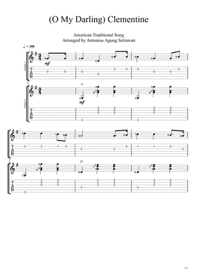 O My Darling Clementine (Duet Guitar Tablature) (arr. Antonius Agung Setiawan)