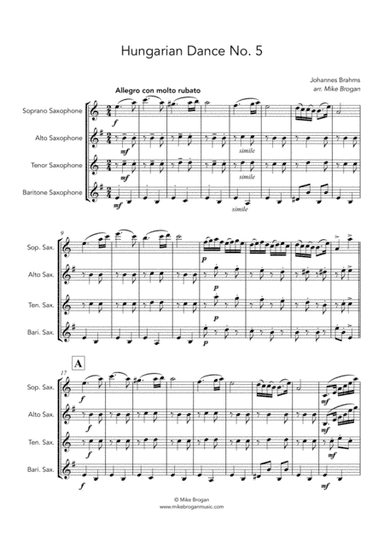 Hungarian Dance No. 5, Brahms - SATB saxophone quartet (arr. Mike Brogan)