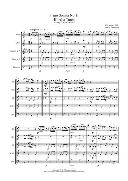 Mozart: Piano Sonata No.11 in A K331. Mvt III. Rondo Alla Turca (Turkish March) - wind quintet (arr. Ray Thompson)
