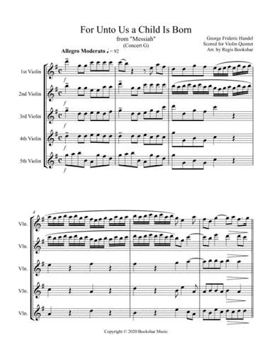 For Unto Us a Child is Born (from "Messiah") (G) (Violin Quintet) (arr. Regis Bookshar)