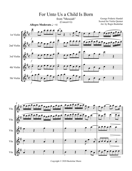 For Unto Us a Child is Born (from "Messiah") (G) (Violin Quintet) (arr. Regis Bookshar)