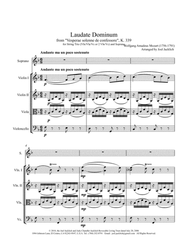 Laudate Dominum From "Vesperae solenne de confessore" K. 339 for Solo Soprano, Violin, Viola (or Vio (arr. Joel Jacklich (ASCAP))
