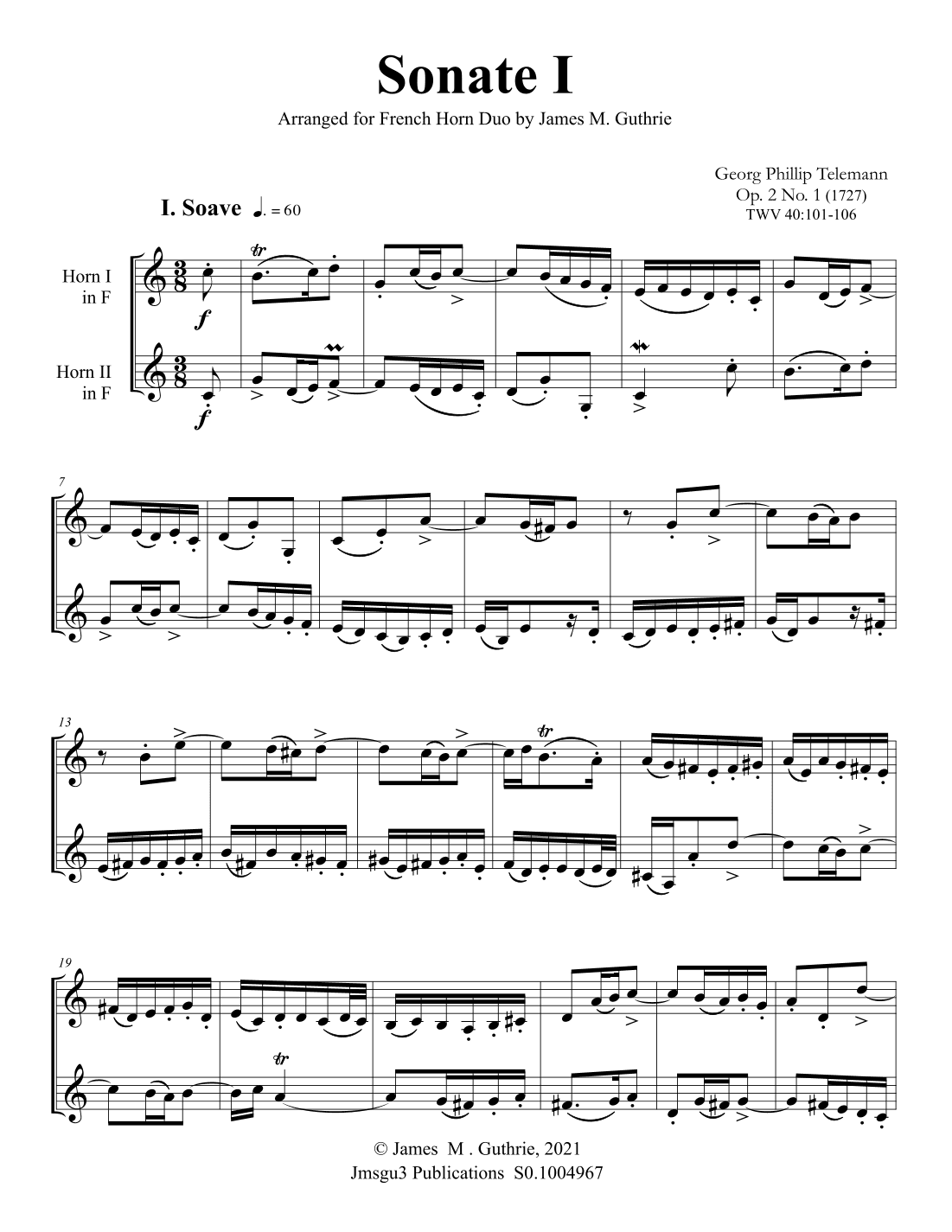 Telemann: Sonata Op. 2 No. 1 for French Horn Duo (arr. James M. Guthrie)