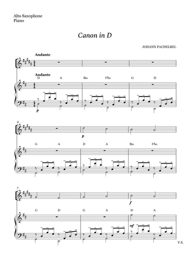 Canon in D for Alto Sax and Piano (With Chords) (arr. Cássio Silva Chaves)