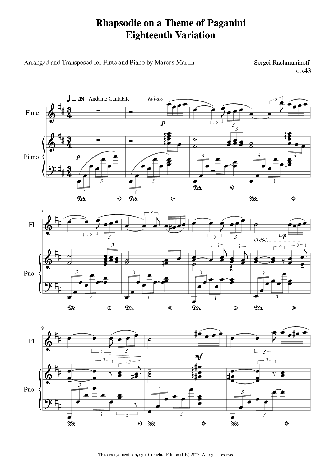 Rhapsody on a Theme of Paganni Eighteenth Variation arranged for Flute  and Piano (arr. Marcus Martin)
