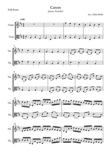Canon - Johann Pachelbel (Wedding/Reduced Version) for Violin & Viola Duo (arr. Fabio Britto)