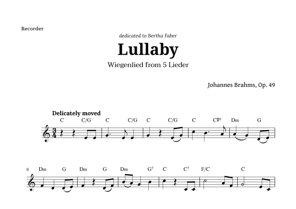 Wiegenlied (lullaby) by Brahms for Recorder and Chords (arr. Langanho)