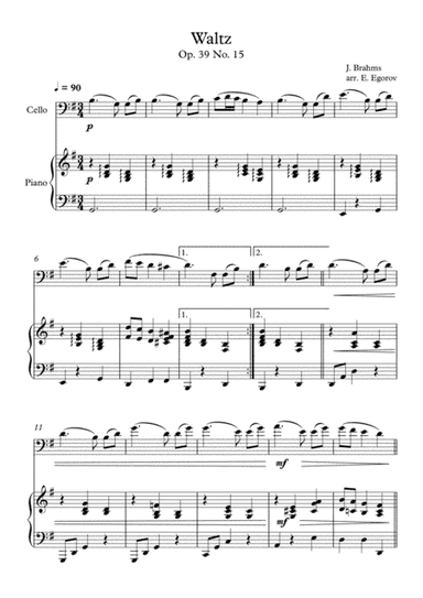 Waltz (Op. 39 No. 15), Johannes Brahms, For Cello & Piano (arr. Eugene Egorov)
