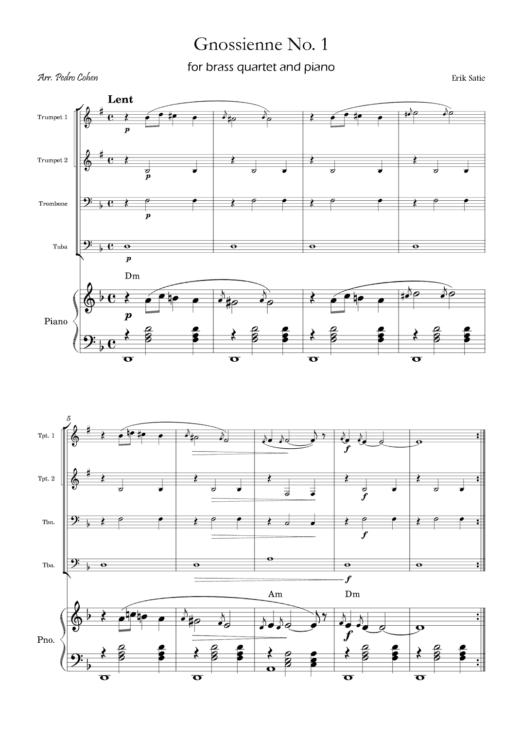 Gnossienne No. 1 – for Brass Quartet and Piano with chords (arr. Pedro Cohen)